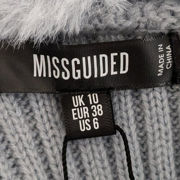 Women's MISSGUIDED, Short Cropped Blue Button Cardigan Sweater, Faux Fur; Size 6 - Picture 3 of 5